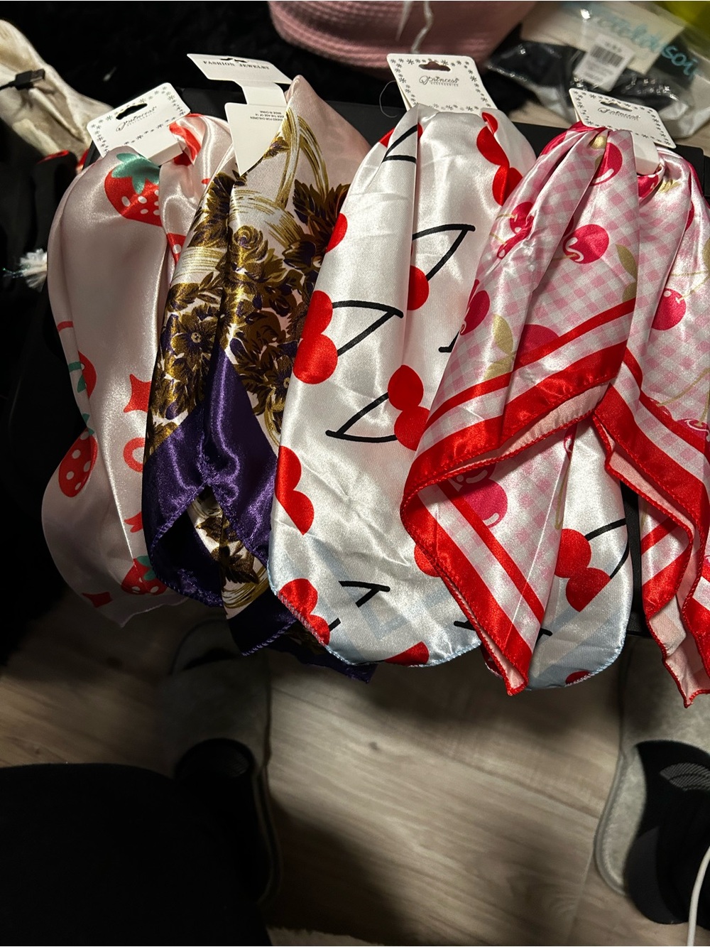Silky Cherry Print Hair Scarf - Red & White
